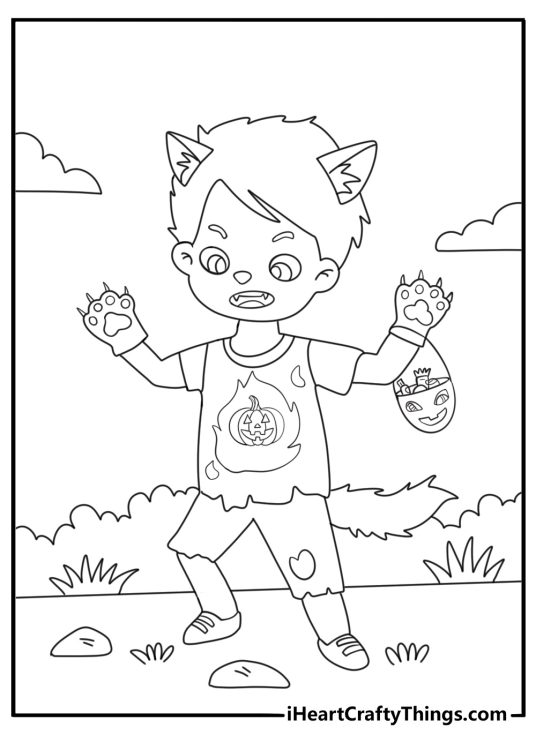 detailed werewolf child holding a trick or treat basket coloring page for kids