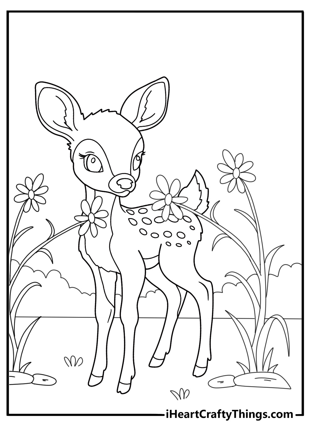 doe sniffing wildflowers in a field coloring page for kids