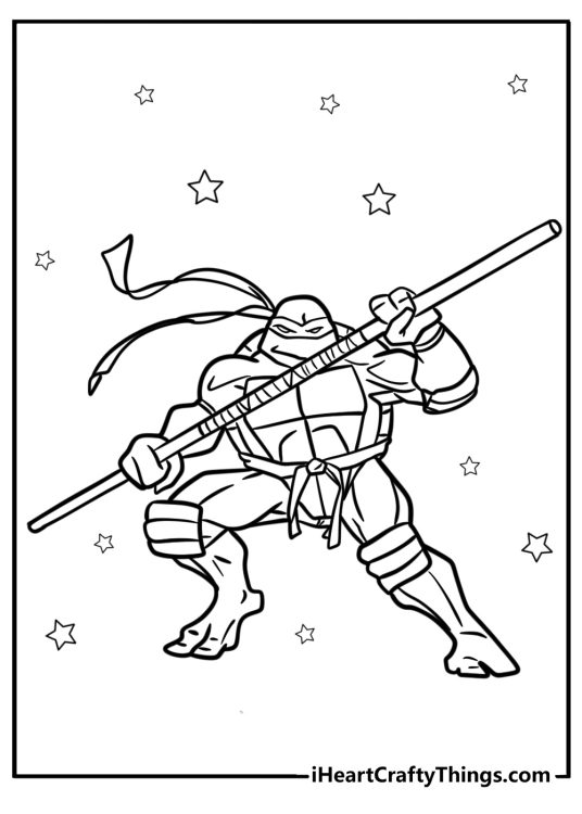 Printable picture of Donatello from Ninja Turtles posing with his Bo staff surrounded by stars
