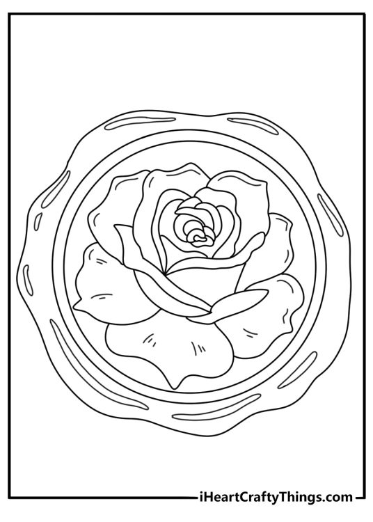 easy rose coloring page with a rose in an envelope seal design