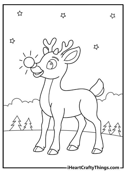 easy rudolph coloring page for kids nose glowing in a foggy night guiding the path