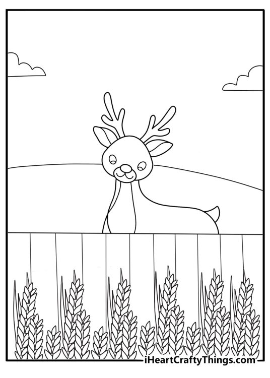 easy rudolph coloring page for preschoolers peeking over a fence at a field of hay