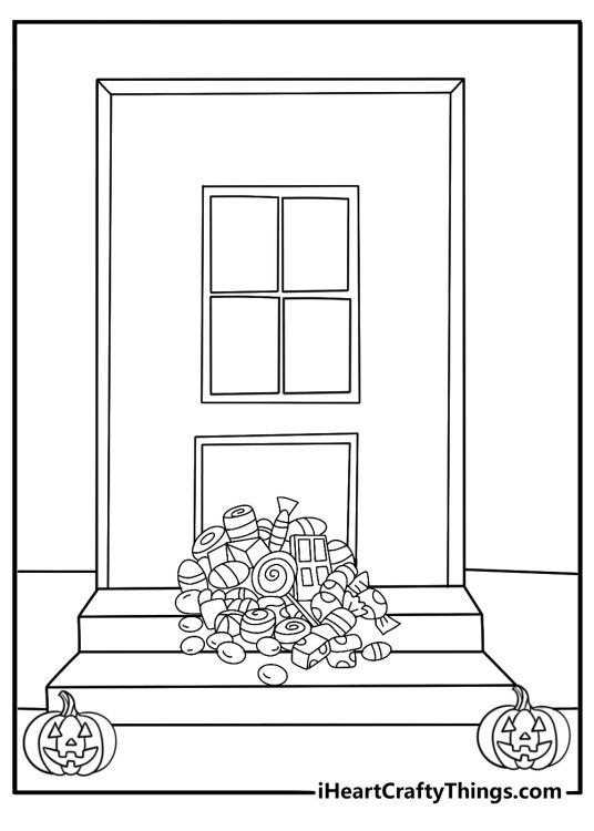 easy trick or treat doorway scene with candy pail on the step coloring sheet