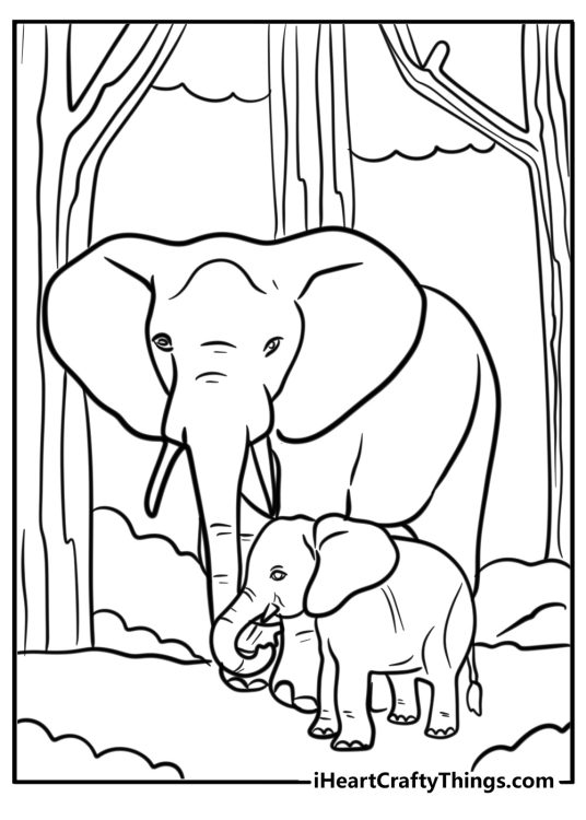 Detailed printable coloring sheet depicting mother elephant with a baby in the wild