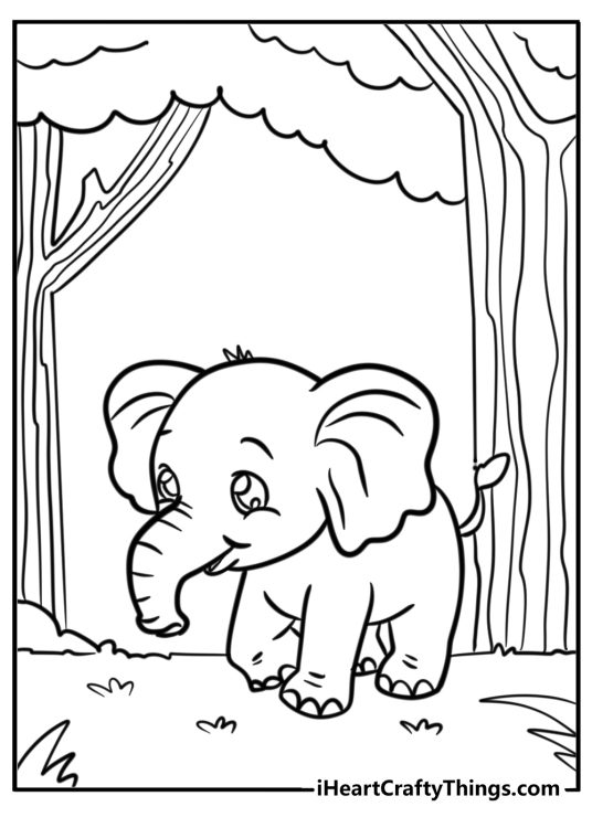 Free coloring printable featuring little elephant walking outdoors surrounded by trees