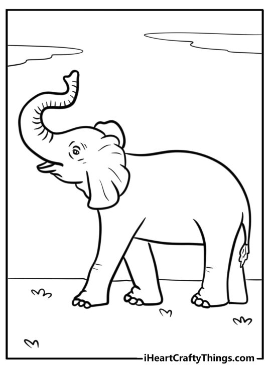 Free printable black-and-white drawing of an elephant lifting its trunk while walking
