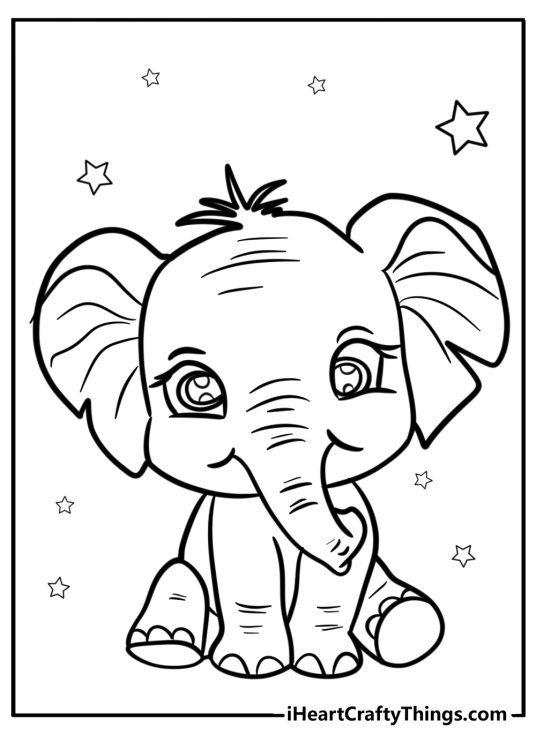 Picture to color of a cute sitting baby elephant with large and floppy ears surrounded by stars
