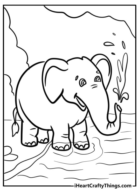 Coloring image of an elephant standing by the water and spraying it from his trunk