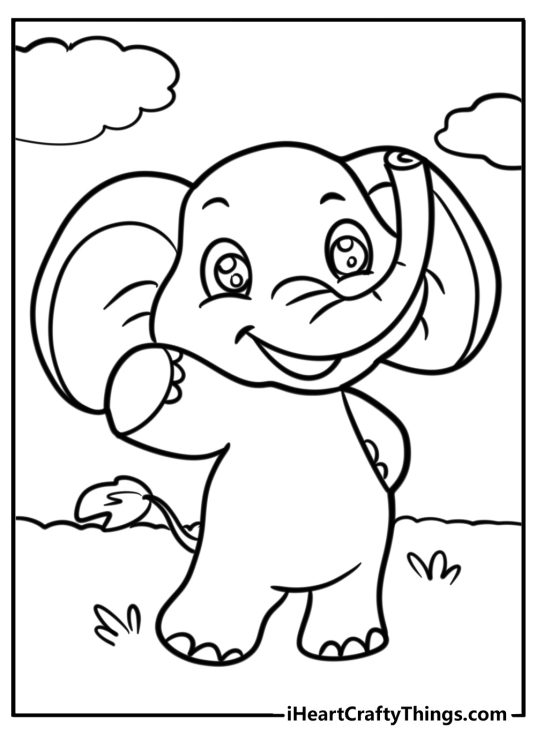 Drawing of a cartoony elephant with big ears standing on his hind legs and waving to us
