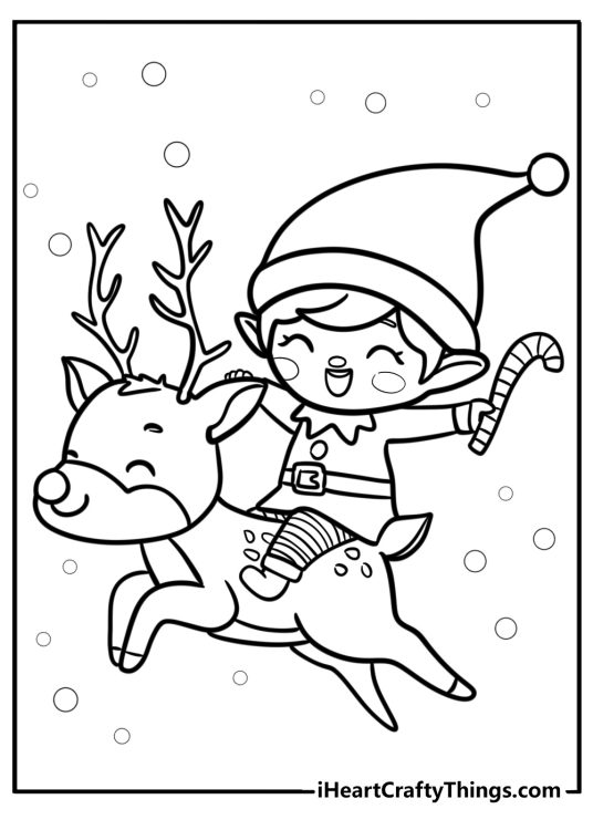Christmas Elves-themed coloring card featuring young elf riding his reindeer with snow in the background