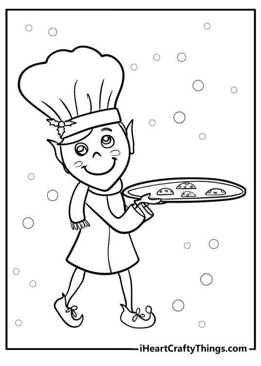 Christmas Elves-themed coloring pdf featuring cute elf holding a tray with Christmas cookies