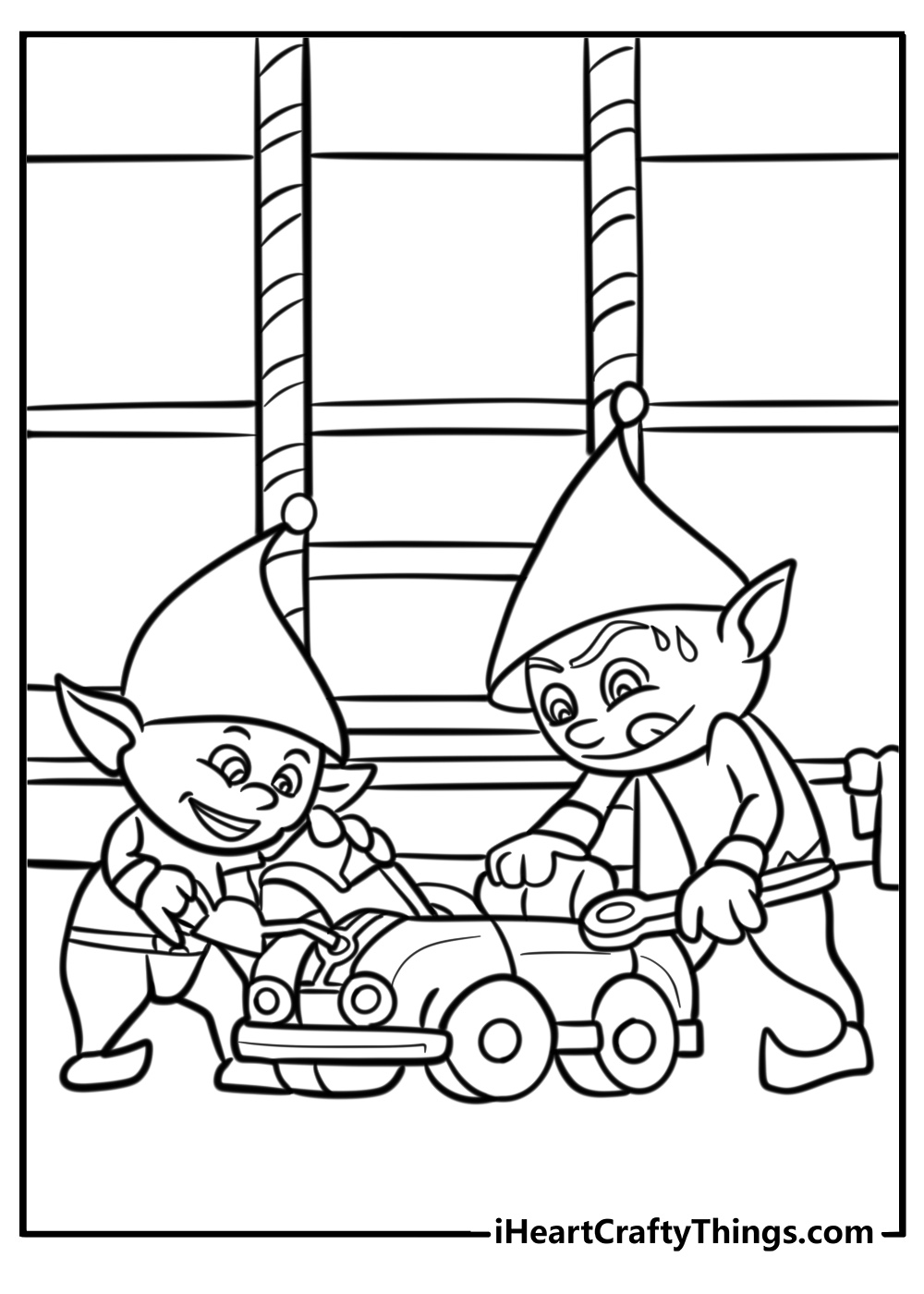 Elf building toys in santa's workshop coloring page for kids