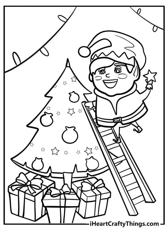 Christmas Elves-themed printable capturing happy elf decorating his Christmas tree