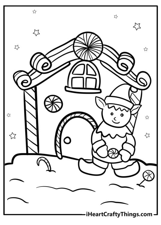 Christmas Elves-themed coloring page featuring cute gingerbread elf next to gingerbread house