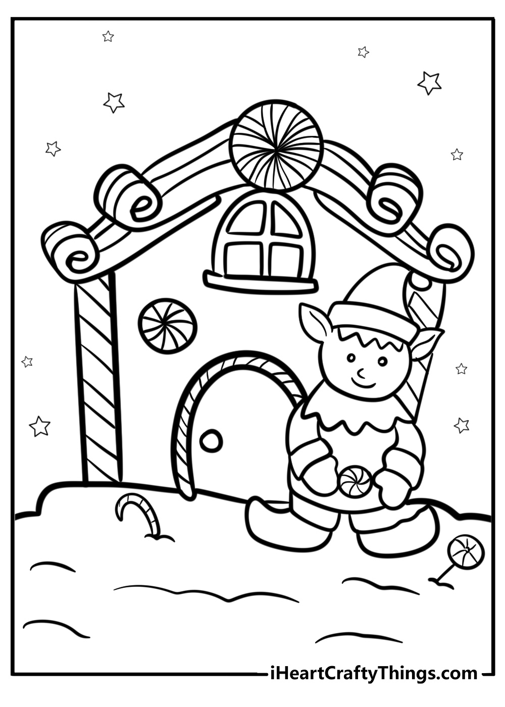 Elf decorating a gingerbread house free printable coloring page