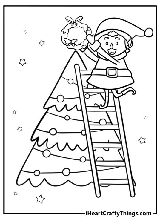 Christmas Elves-themed image to color featuring elf putting Christmas wreath at the top of Christmas tree