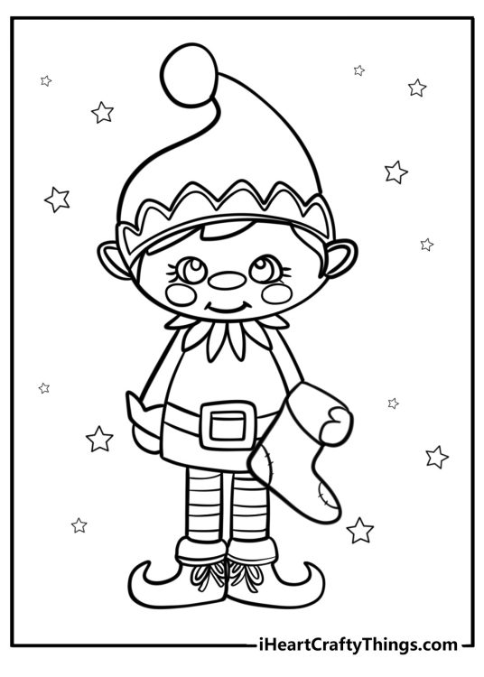 Christmas Elves-themed picture to color featuring cartoony elf holding a Christmas stocking