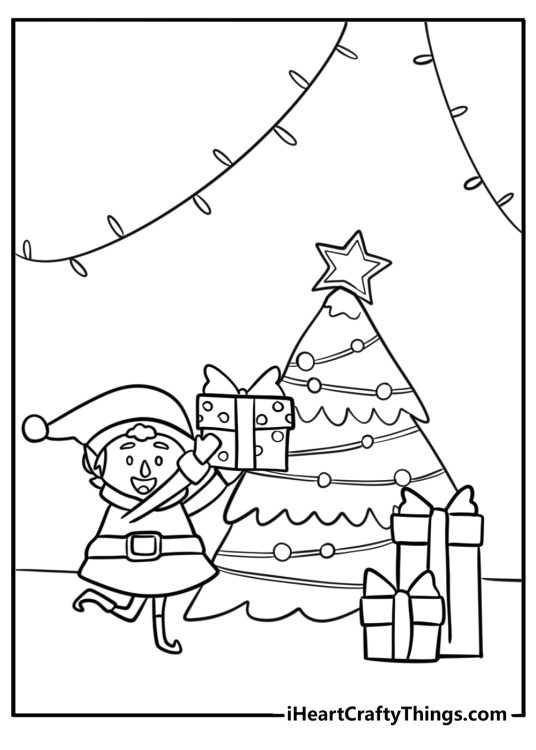 Christmas Elves coloring page capturing happy elf placing gifts under the Christmas tree
