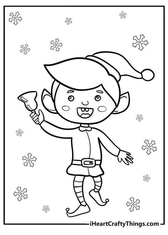 Christmas Elves-themed printable image depicting cute elf holding bell and singing surrounded by snowflakes