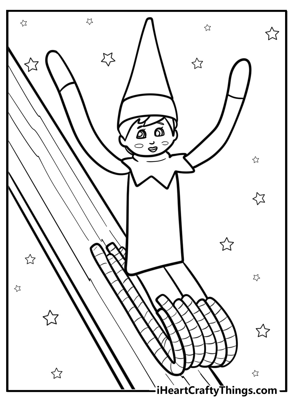 Elf sliding down a candy cane fun coloring sheet for kids