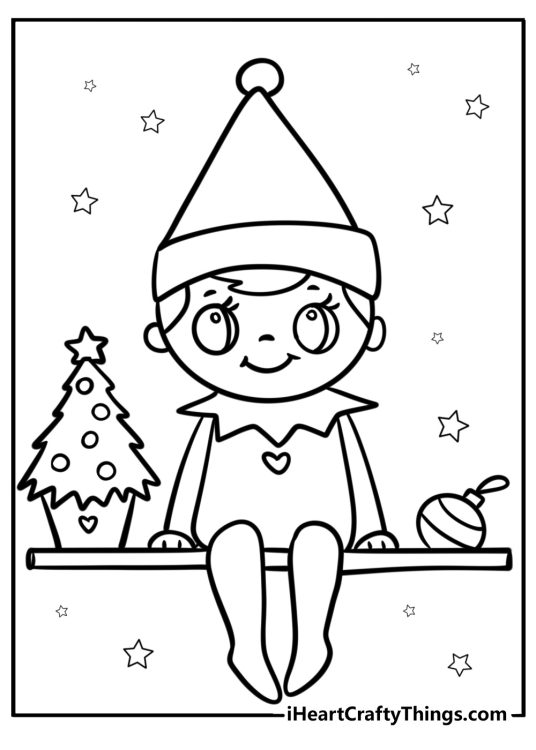 Christmas Elves-themed picture for children featuring cute elf sitting on a shelf