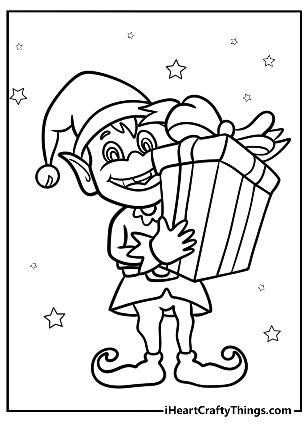 Elf with a big smile holding a gift detailed coloring sheet