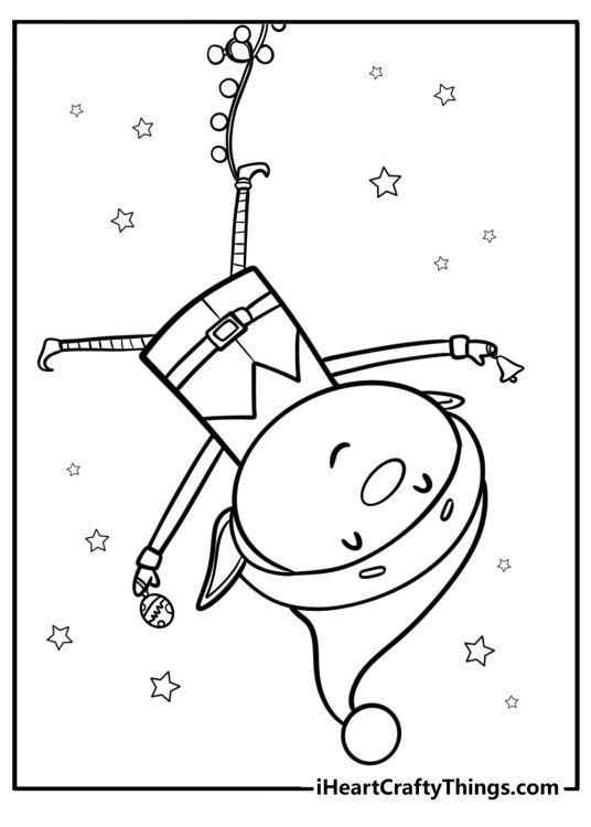 Christmas Elves-themed picture to print and color featuring elf hanging upside down