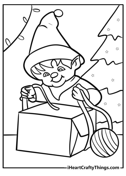 Christmas Elves coloring sheet capturing cute elf wrapping presents by the Christmas tree