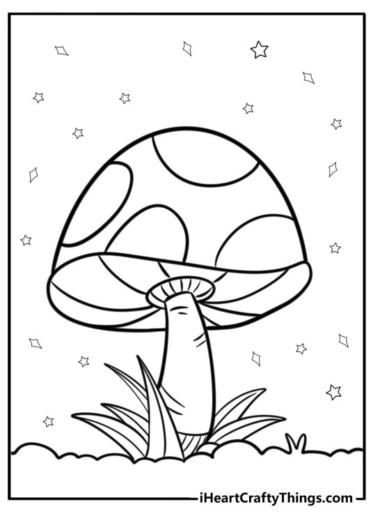 Printable page featuring mushroom with big cap and thin leg surrounded by stars and sparkles