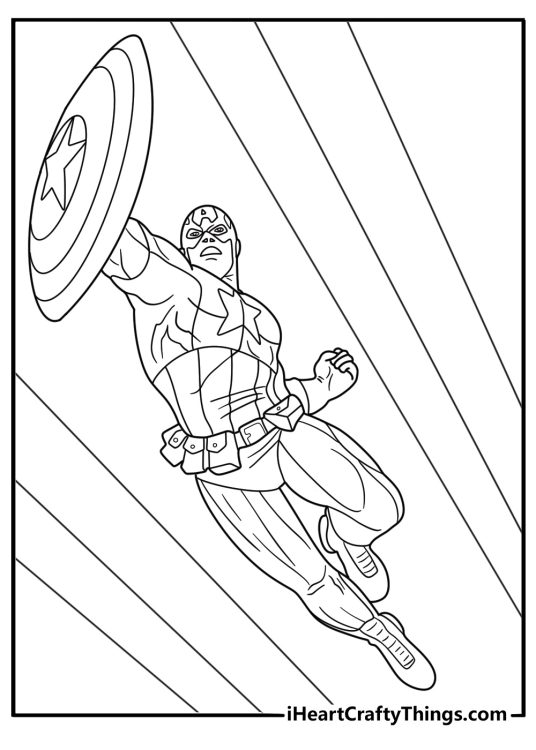 free printable captain america coloring sheet landing from a jump with knees bent shield forward