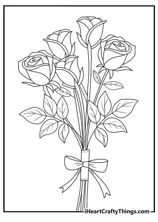 free printable coloring sheet for adults featuring five roses placed in a nice bouquet