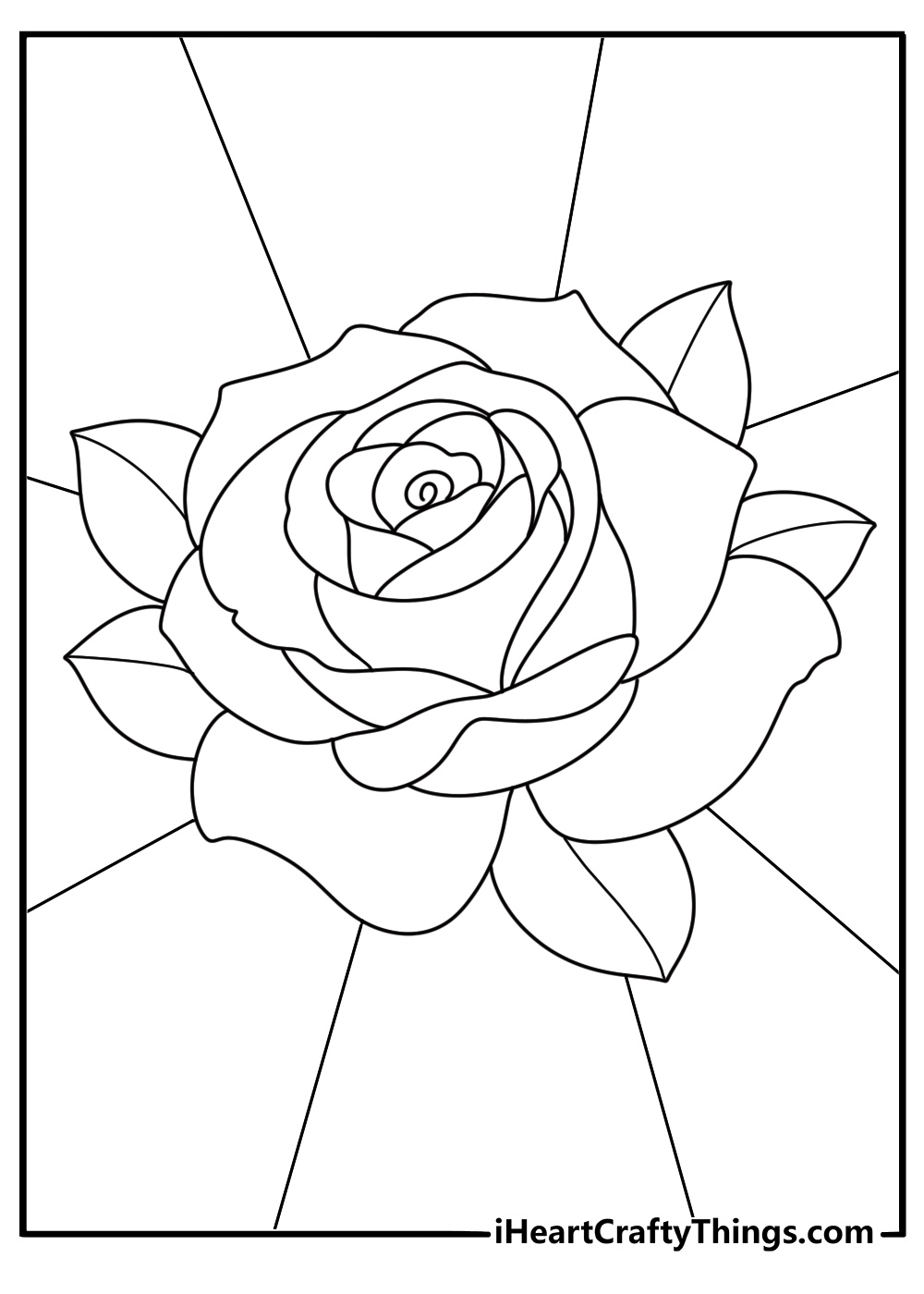 free printable featuring close up image of a big fully bloomed rose with segmented background
