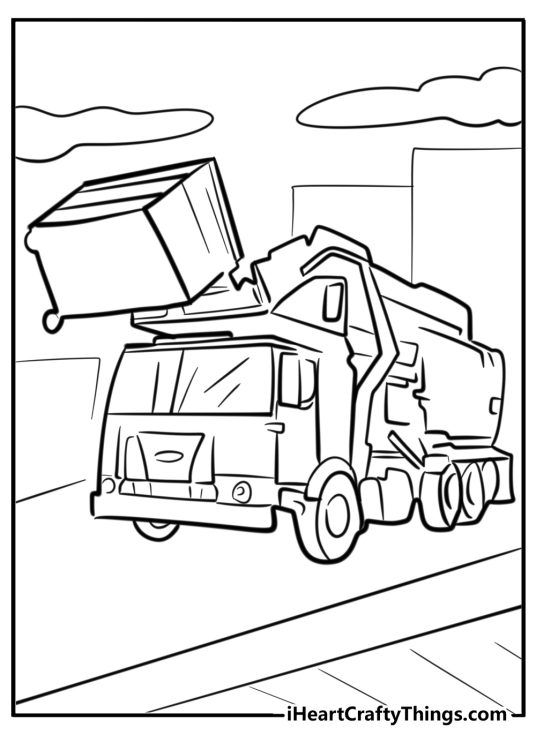 Dump truck printable coloring poster depicting garbage truck lifting up some container