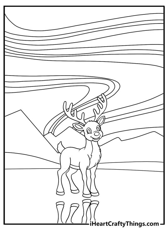 free printable rudolph coloring sheet nose reflecting on a frozen pond under northern lights