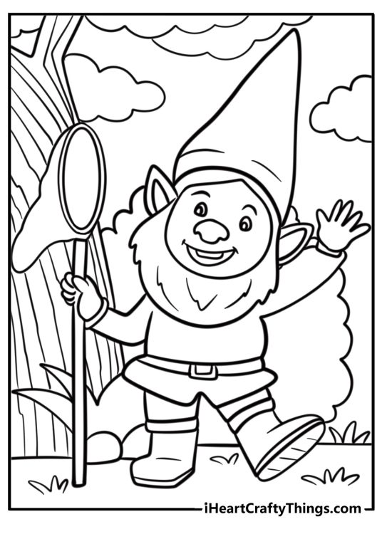 Friendly gnome waving with a smile printable coloring page