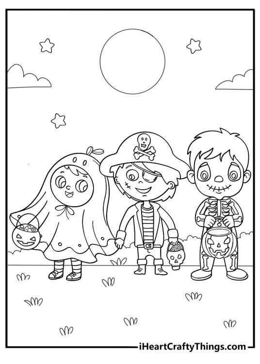 fun trick or treat parade of children in costumes coloring sheet