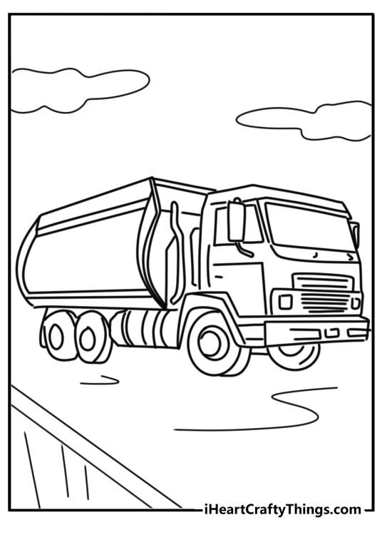 Dump truck printable featuring six-wheel garbage truck on the road with clouds in the background