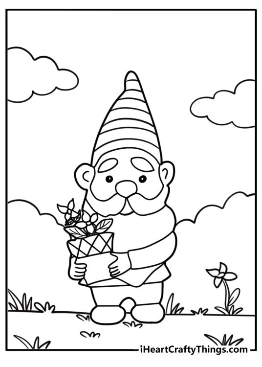 Garden gnome holding a flower detailed coloring sheet