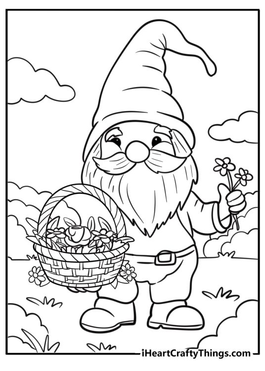 Gnome carrying a basket of flowers coloring page