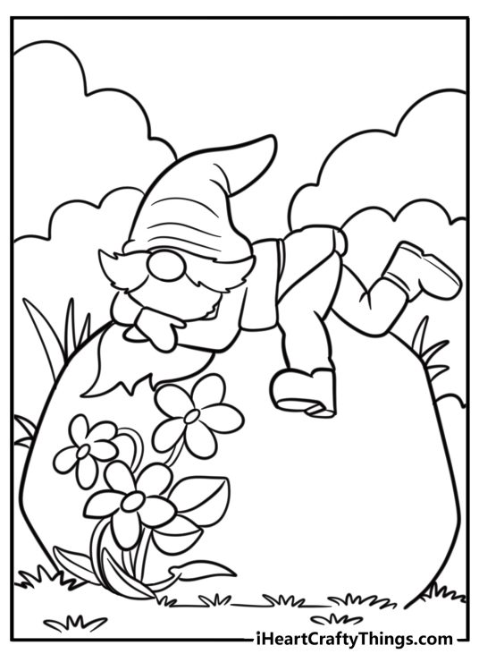 Gnome decorating a garden with flowers detailed coloring sheet