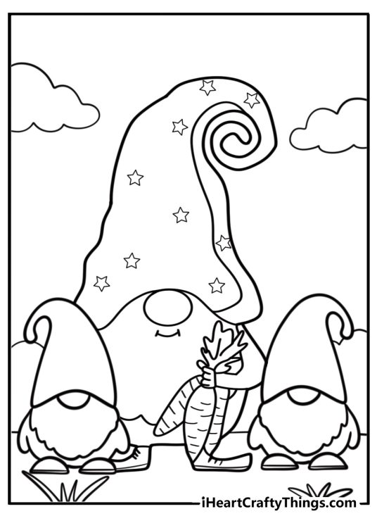 Gnome family with cute hats and big smiles coloring page