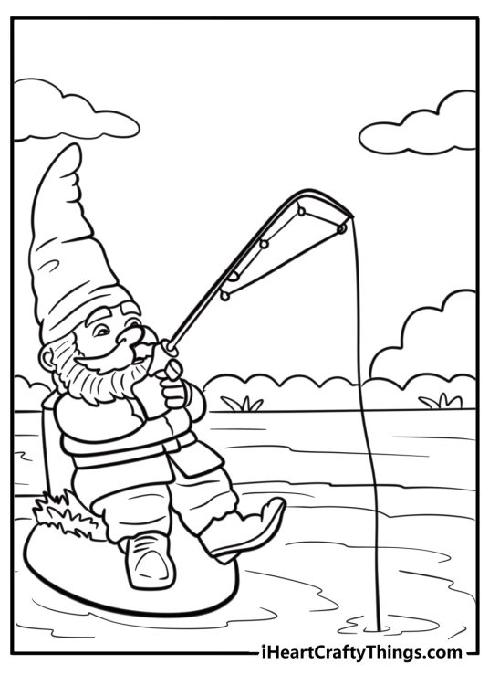 Gnome holding a fishing rod near a pond fun printable sheet