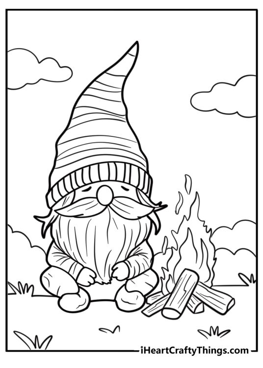 Gnome sitting by a campfire in the woods coloring page