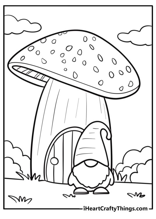 Gnome standing next to a tiny house fun coloring sheet