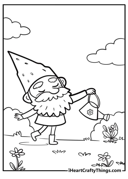 Gnome watering plants in the garden free coloring page