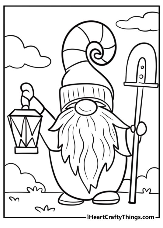 Gnome with a big beard and lantern printable coloring sheet