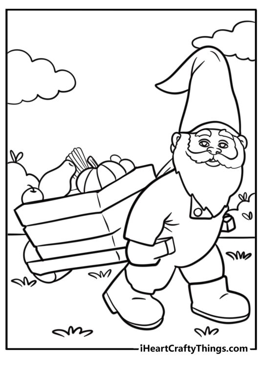 Gnome with a wheelbarrow full of vegetables coloring sheet