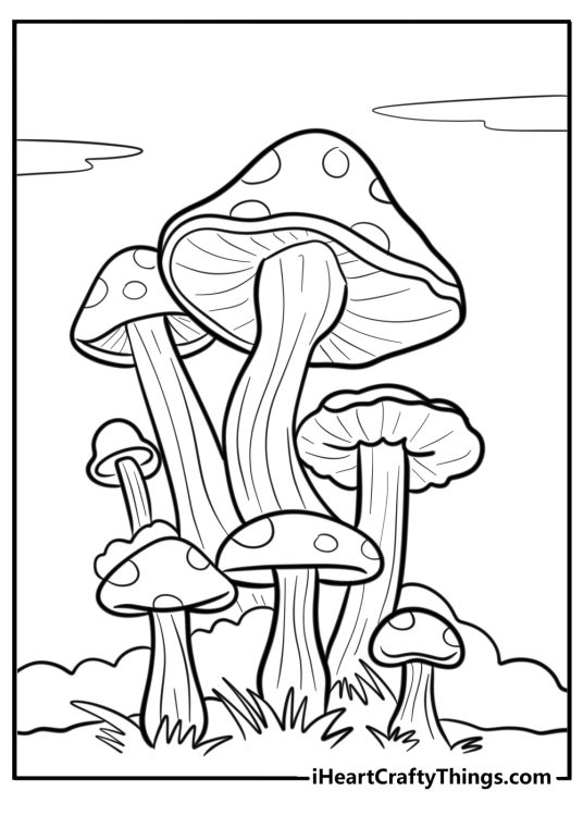 Coloring sheet presenting a group of seven mushrooms with greenery and clouds in the background