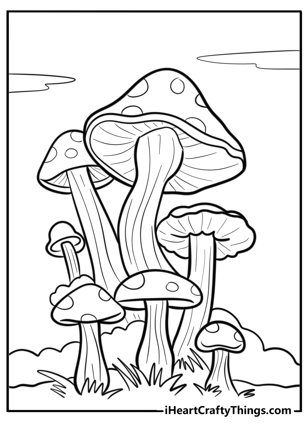 Group of mushrooms in a meadow fun coloring sheet