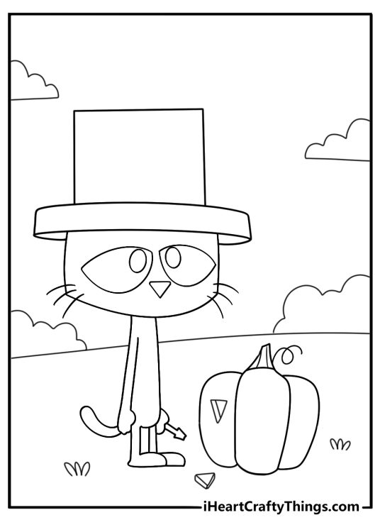 halloween coloring sheet pete the cat carving a pumpkin while wearing a wizard hat free pdf